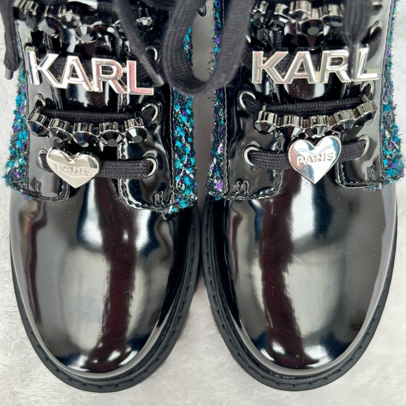 KARL LAGERFELD Mela Black and Blue Tweed Embellished Combat Boots--NWT--7 - Picture 9 of 16